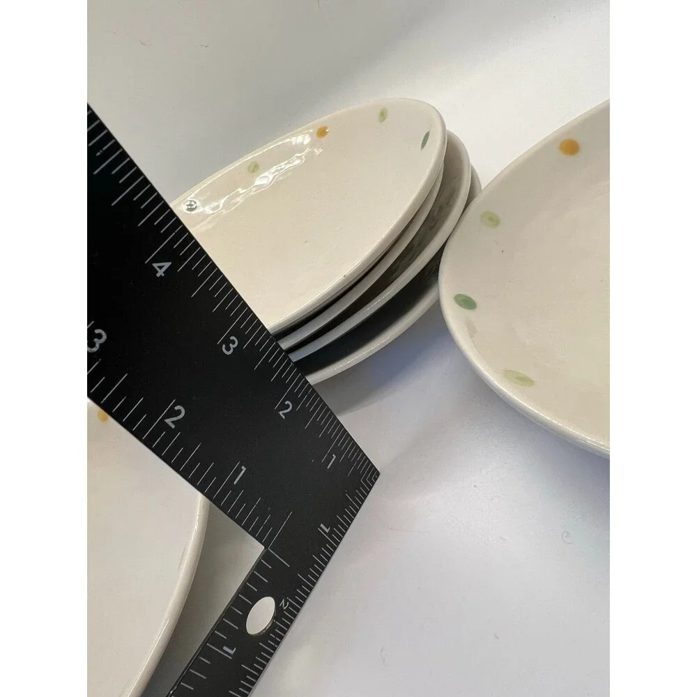 Vintage Set of 6 small cream off white plates polka dots green yellow 1732